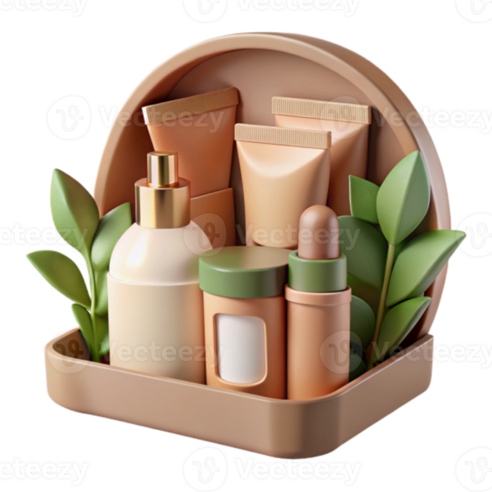Render of Skincare Products in a Tray with Greenery png