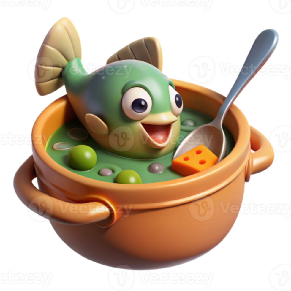 Playful Fish in Soup Render Illustration png