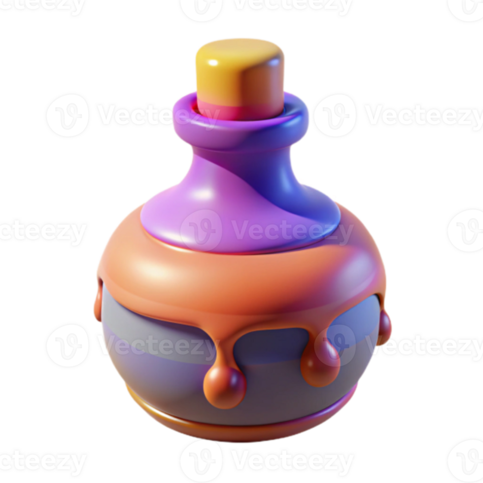 Dripping Potion Bottle Render, Colorful Cartoon Style Liquid, Fantasy Game Asset, Magical Elixir Illustration, Vibrant Hues, Glossy Surface, Round Shape, Purple and Orange, Digital Art png