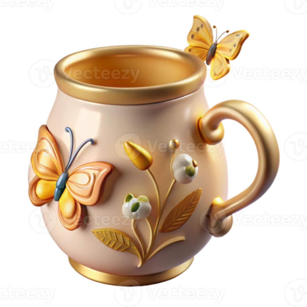 Ornate Golden Mug Render with Butterfly and Floral Design png