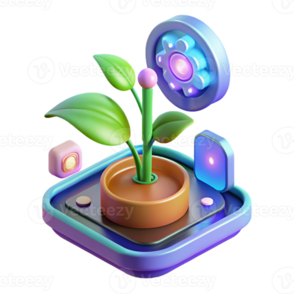 Vibrant Render of a Growing Plant with Futuristic Technology Elements png