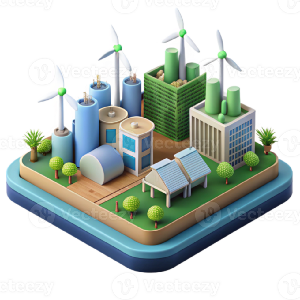 Isometric Illustration Green City Eco-Friendly Sustainable Energy Wind Turbines Industrial Buildings png