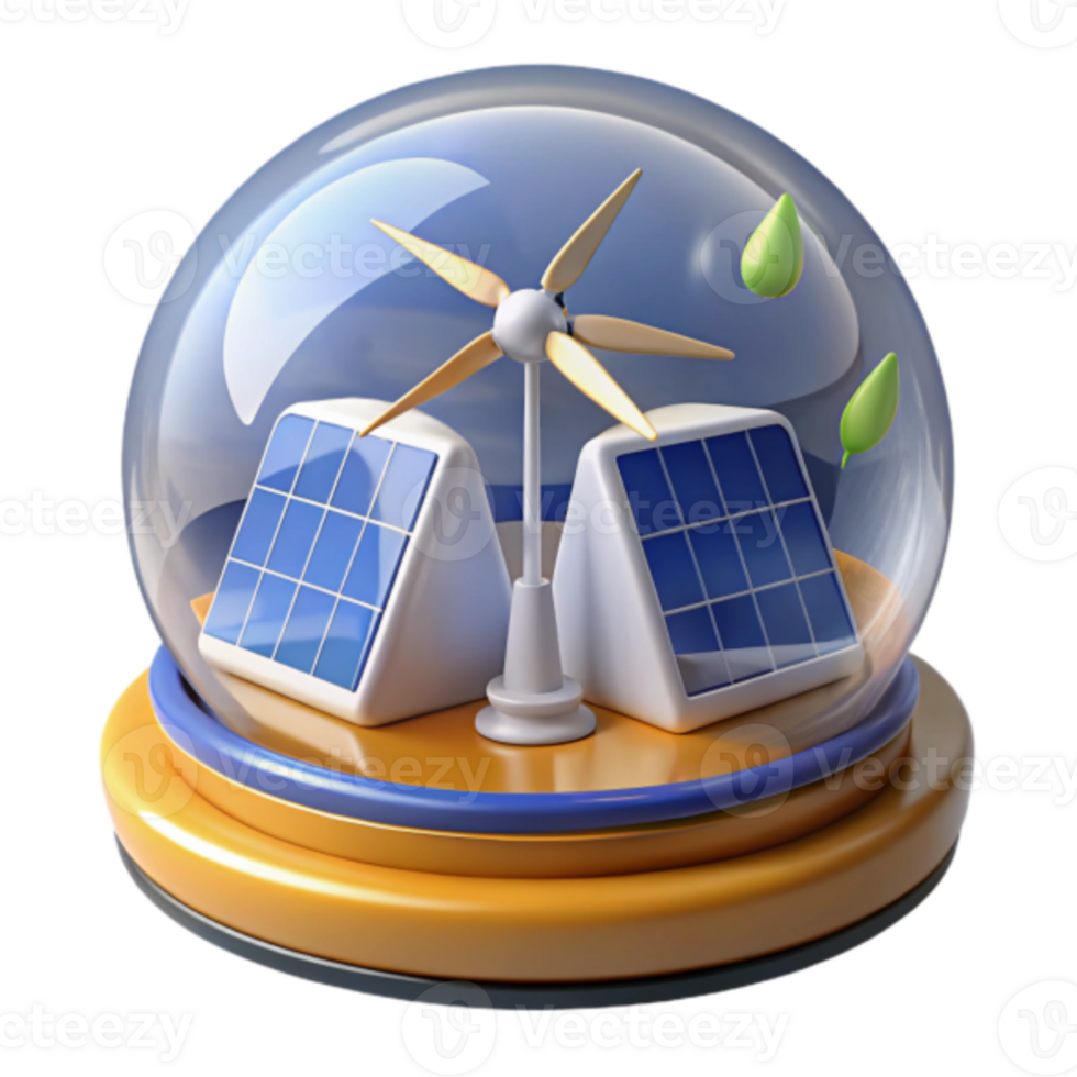 Render Sustainable Energy Illustration Wind Turbine and Solar Panels in Glass Globe png