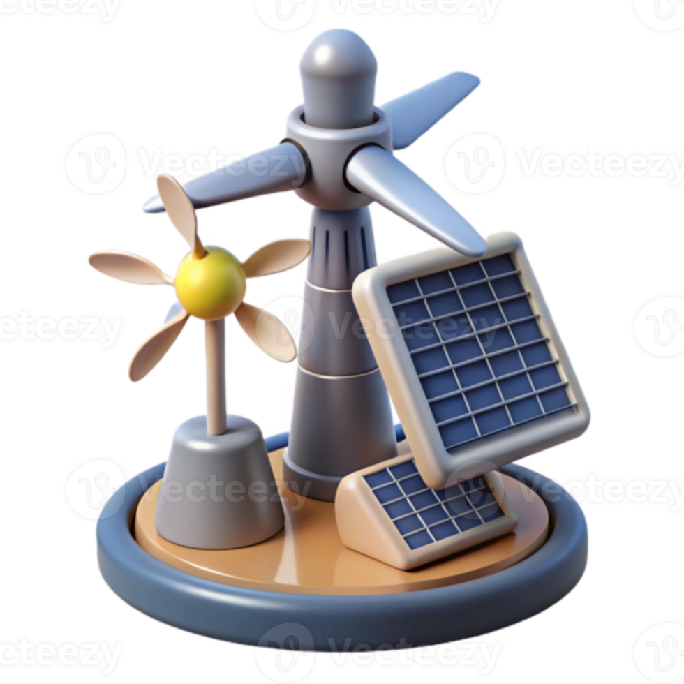 Render of Wind Turbine, Solar Panels, and Small Windmill on Circular Base Sustainable Energy Illustration png