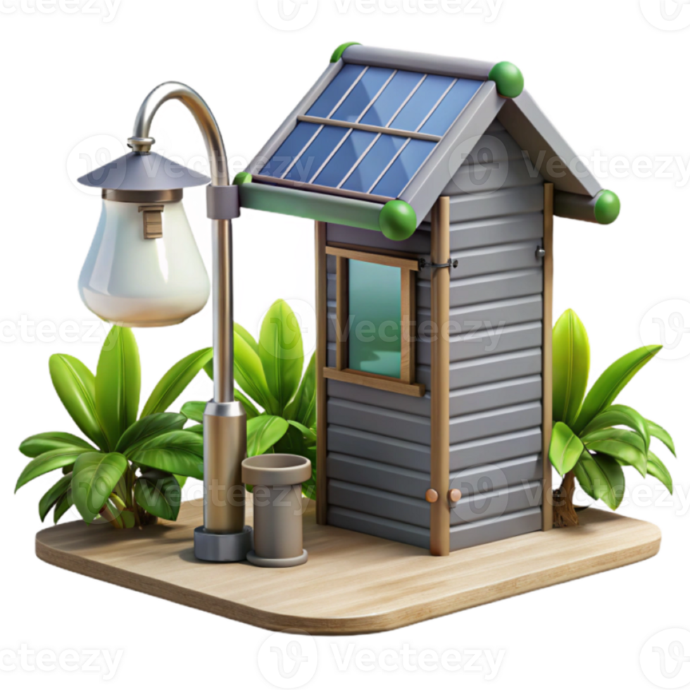 Charming Render of a Solar-Powered Small House with Lamppost and Tropical Plants png