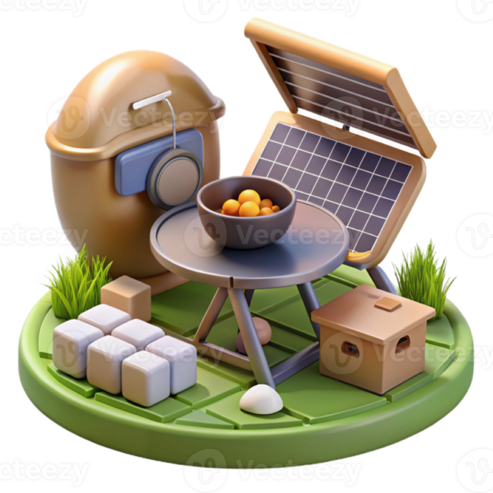Render of Idyllic Outdoor Scene with Solar Panel, Table, and Food png