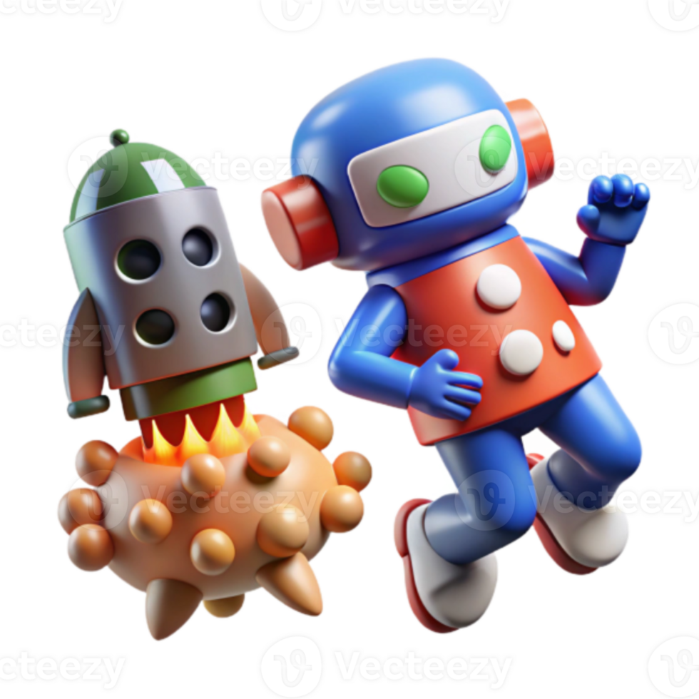 Render of Playful Robot and Rocket Launching from Spiky Orb png