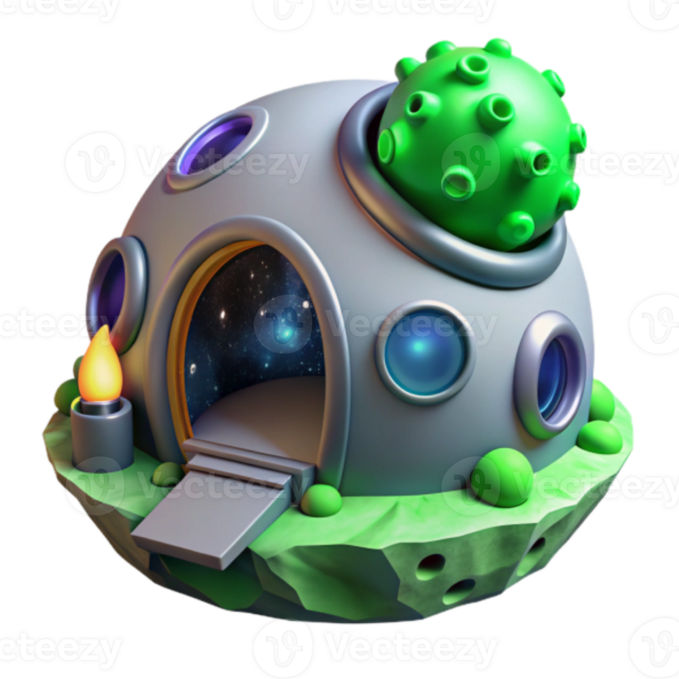 Render of a Cute Cartoon Spaceship House on a Planet png