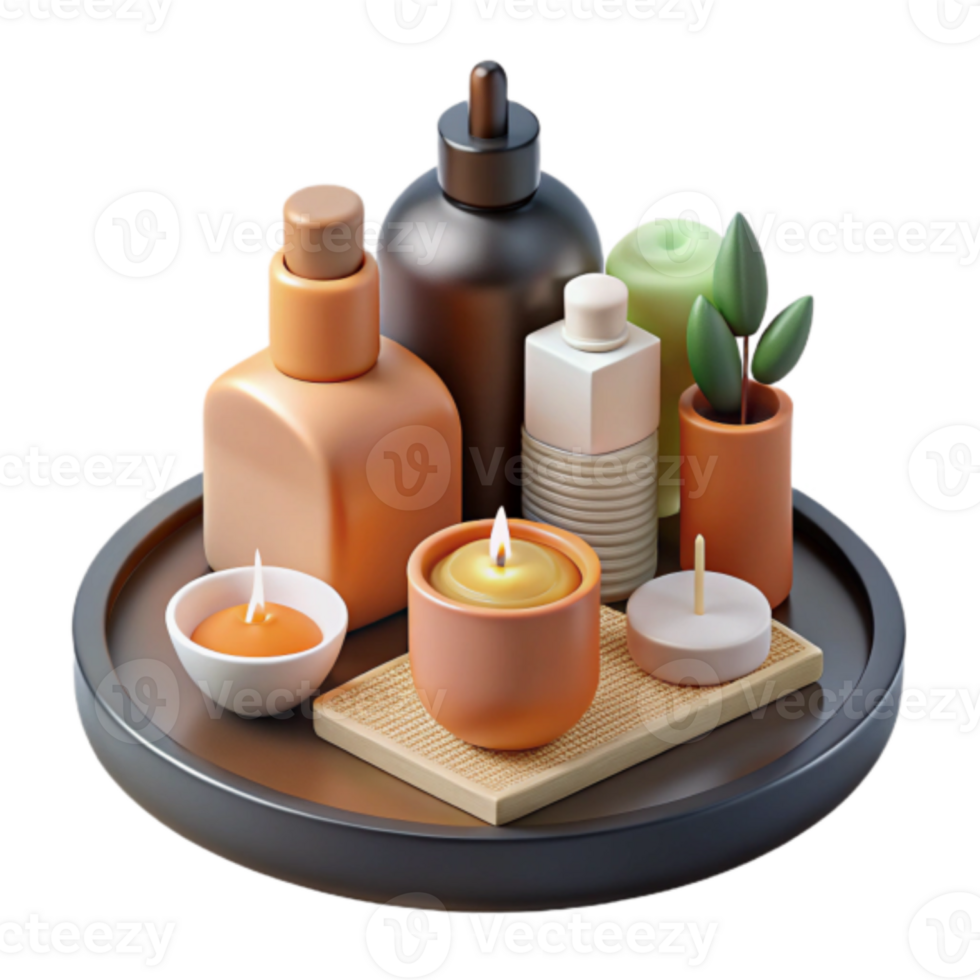 Serene Spa Setting Render Aromatic Candles, Essential Oil Bottles, and Plants png
