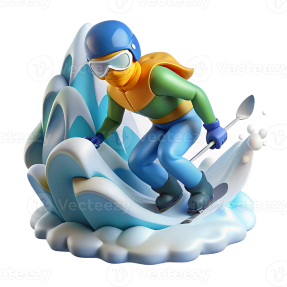 Cartoon Skier Snowboarding on Stylized Waves Illustration png