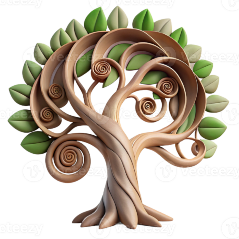 Whimsical Render of a Stylized Tree with Swirling Branches and Lush Leaves png