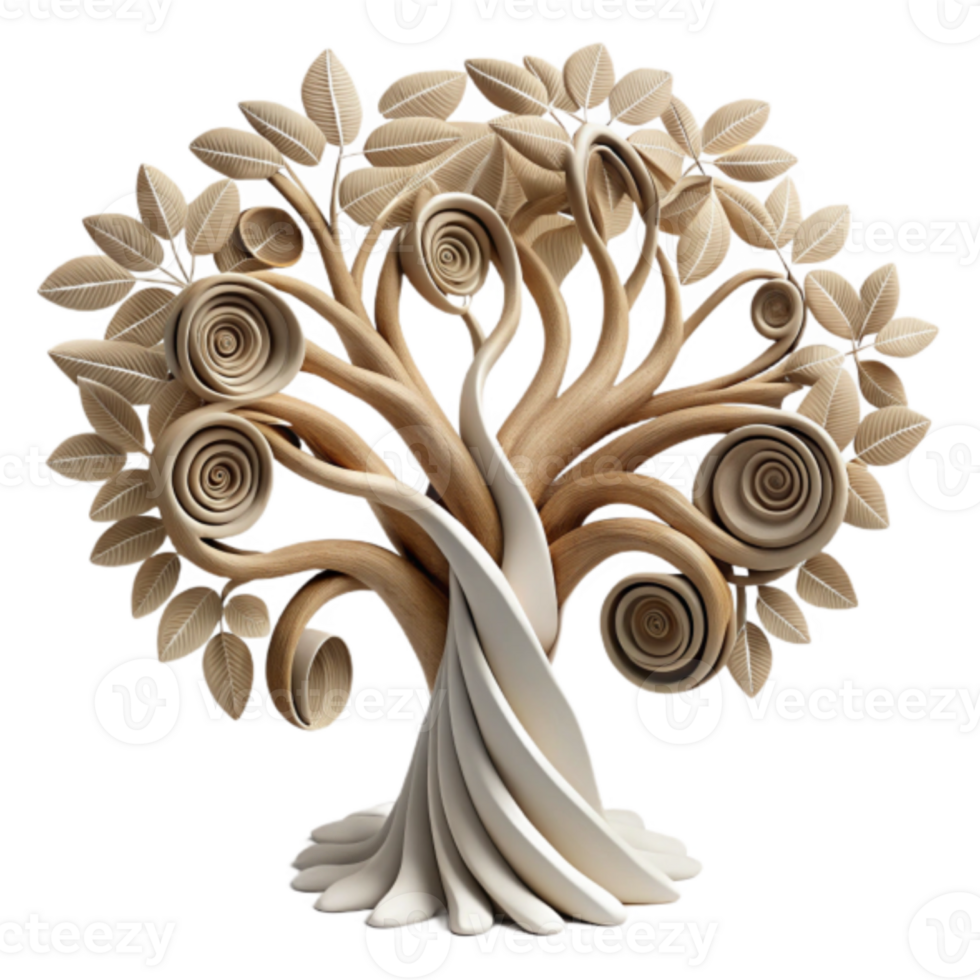 Whimsical Render of a Stylized Tree with Swirling Branches and Intricate Leaves png