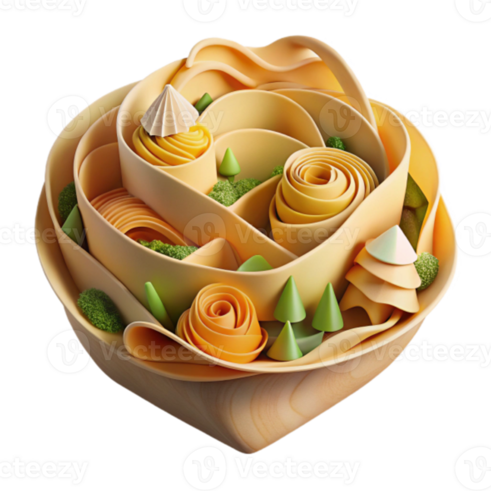 Whimsical Render of a Wooden Bowl Labyrinth with Pastel Swirls and Miniature Trees png