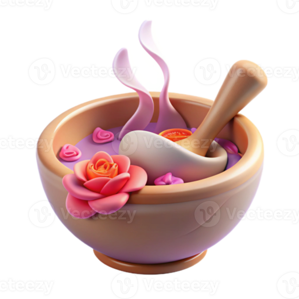 Render of Rose Petals in a Mortar and Pestle, Spa Treatment Illustration png