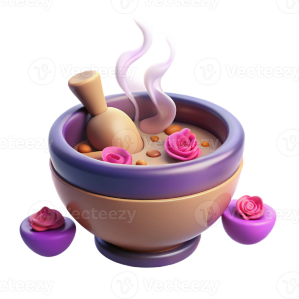 Render of Steaming Bowl with Roses and Pestle, Spa Treatment Illustration png