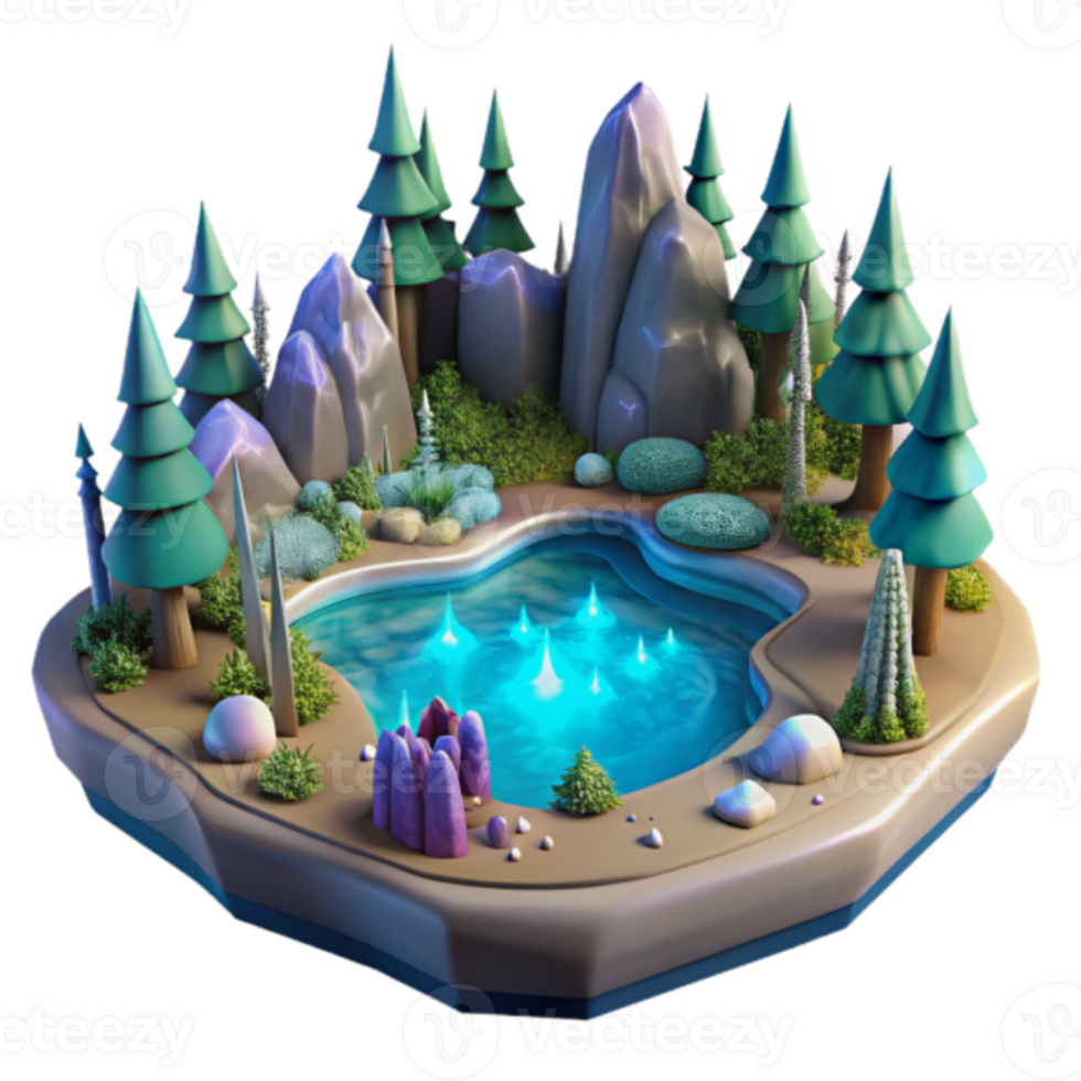 Enchanted Forest Lake Island Illustration - Stylized Low Poly Nature Scene png