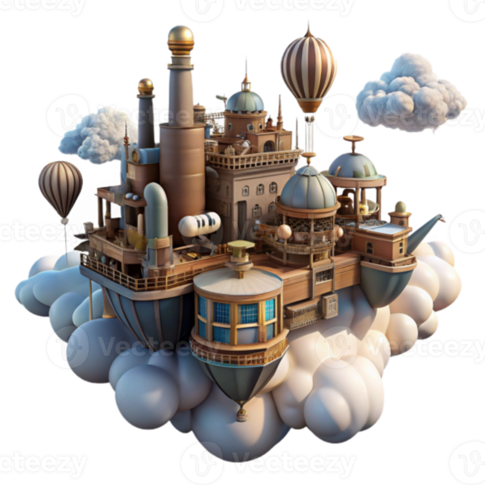 Whimsical Render of a Cloud City Floating Island Metropolis with Airships and Steampunk Architecture png