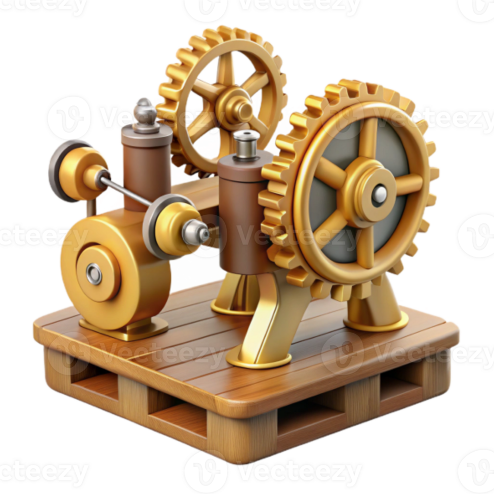 Render Golden Gear Engine on Wooden Pallet Illustration png