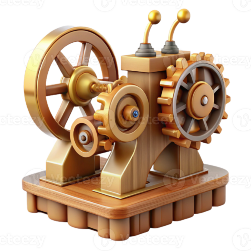 Illustration Golden Gear Machine Mechanism Wooden Base png