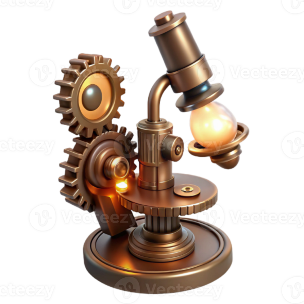 Steampunk Microscope Render Intricate Gears, Glowing Lightbulb, Mechanical Design png