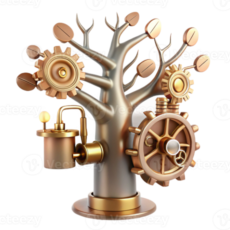 Steampunk Tree Render, Gear Tree Illustration, Mechanical Tree Background, Cogwheel Branches Abstract Art png