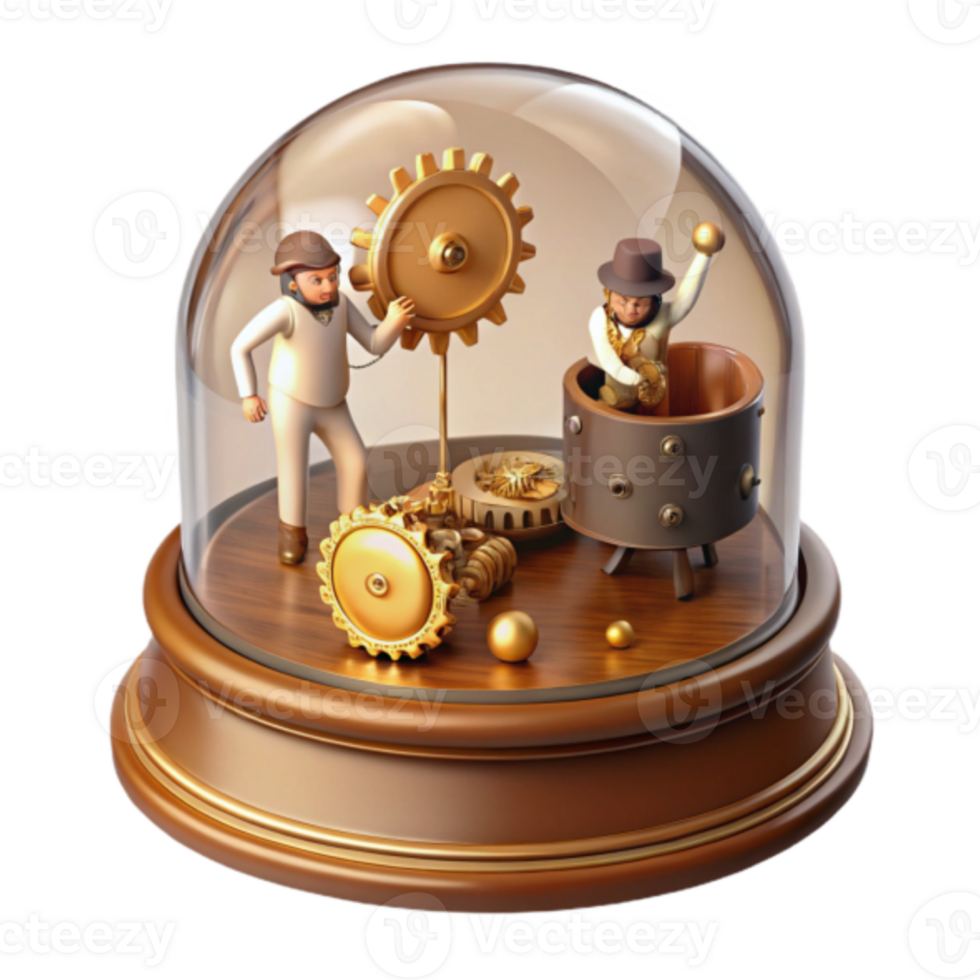Whimsical Render of Miniature Figures Interacting with Intricate Gear Mechanism Inside Glass Dome png