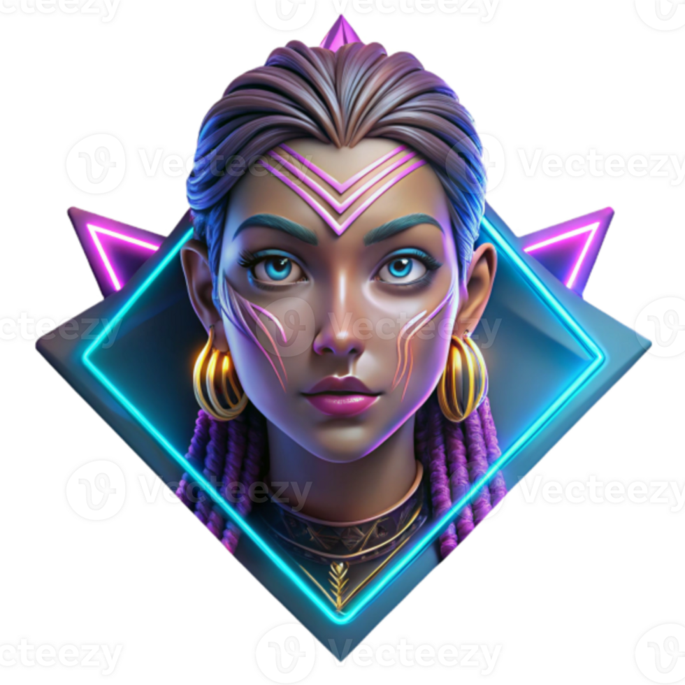 Neon Tribal Woman Illustration Cyberpunk Style Portrait with Vivid Colors and Geometric Frame png