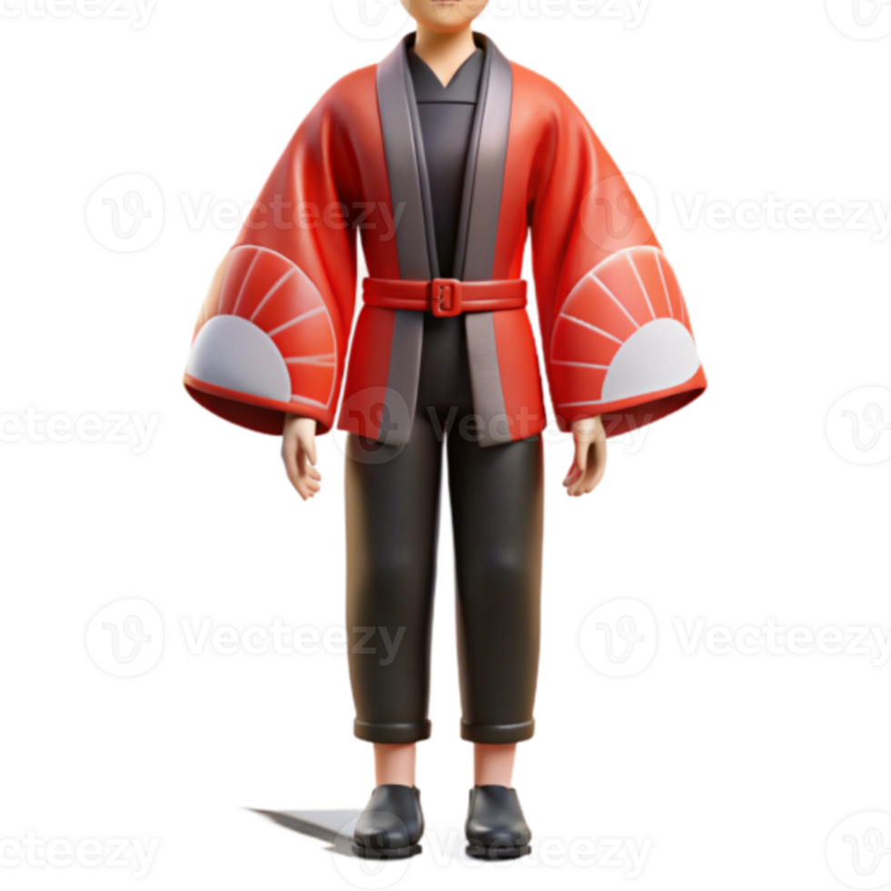 Render of a Cartoon Character in Red and Black Kimono png