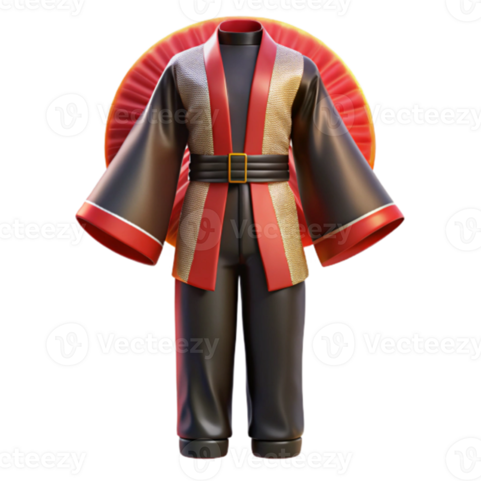 Render of Elegant Asian-Inspired Clothing, Red and Black Kimono-Style Outfit with Gold Accents, Illustrative Fashion Design png