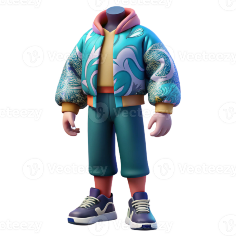Render of Trendy Cartoon Character Outfit Teal Jacket and Pants Illustration png