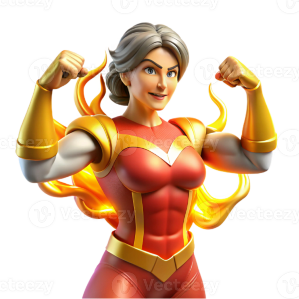 Powerful Female Superhero Render, Strong Woman in Red and Gold Costume, Fiery Illustration png