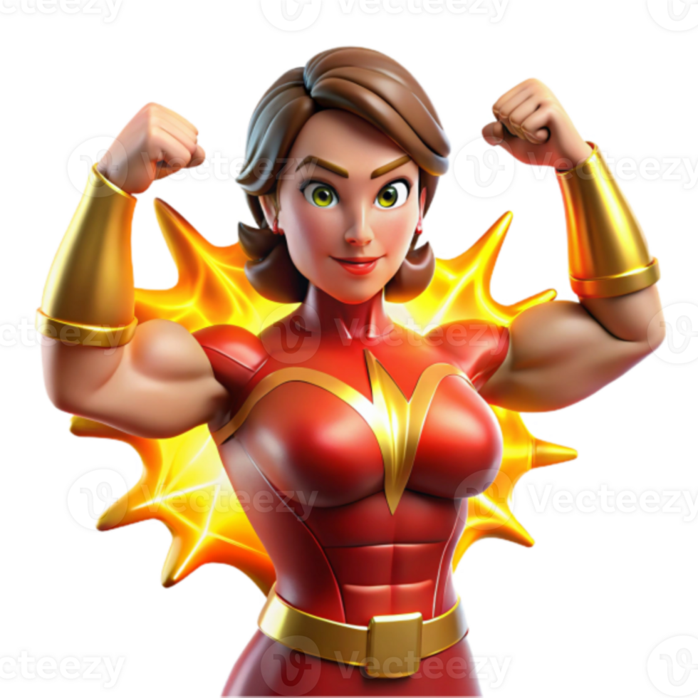 Powerful Female Superhero Render, Strong Woman Illustration, Dynamic Pose, Red and Gold Costume png