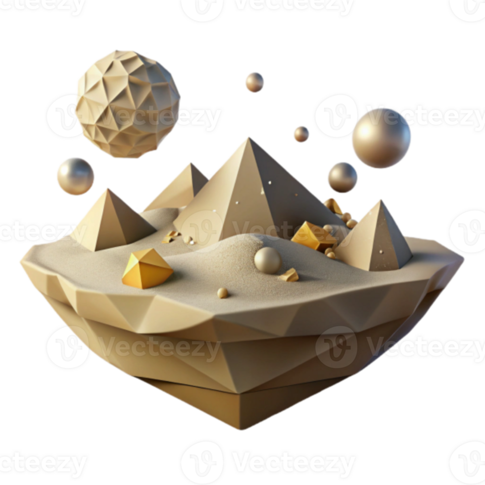 Abstract Render of Pyramids on a Floating Island with Golden Gems and Spheres png