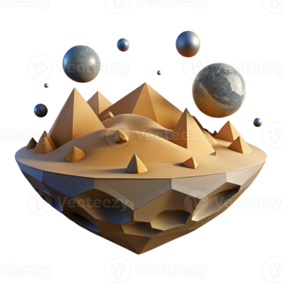 Abstract Render of Pyramids on a Desert Island with Floating Spheres png