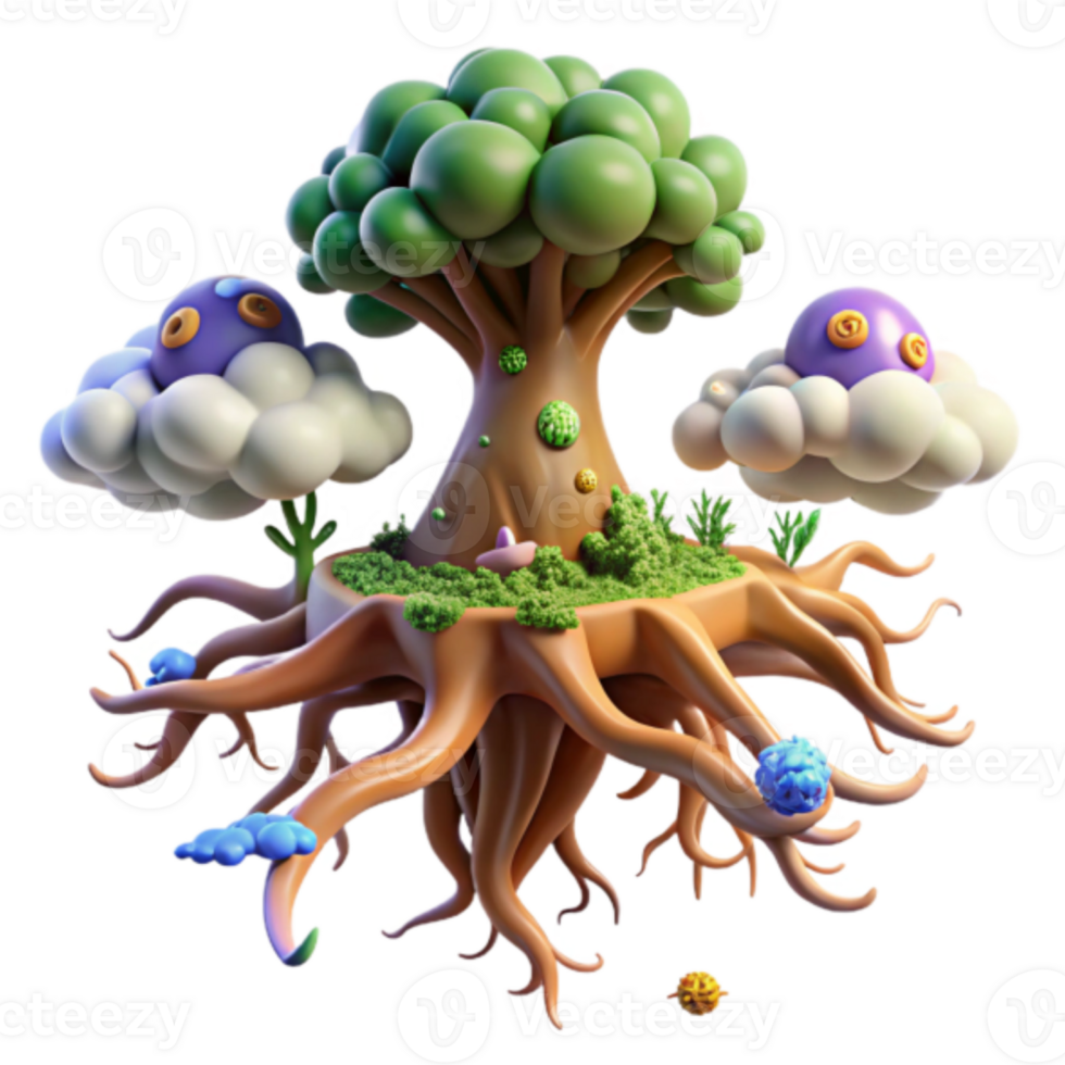 Whimsical Render of a Floating Island Tree with Clouds and Roots png