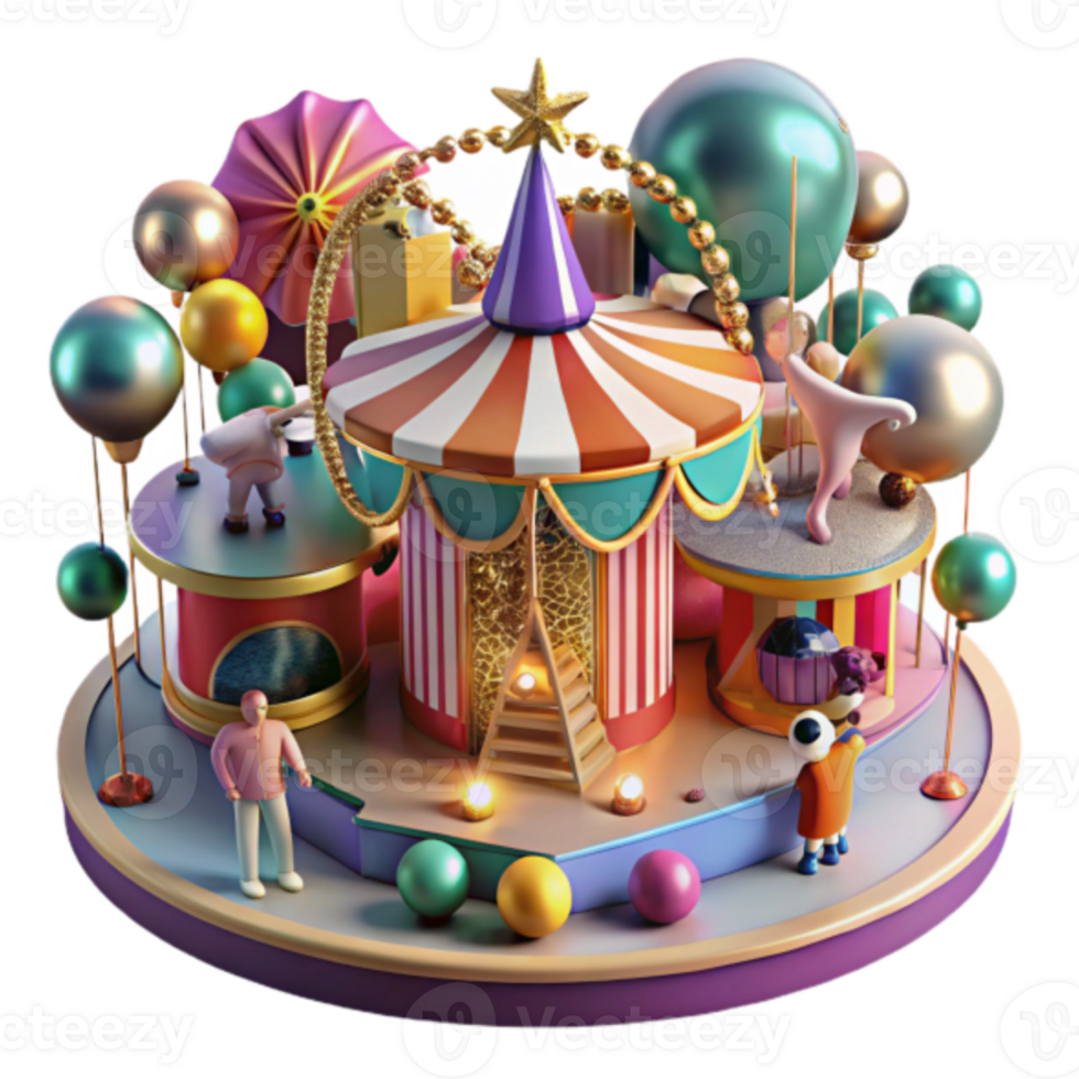Whimsical Render of a Carnival Funfair with Balloons and Miniature Figures png