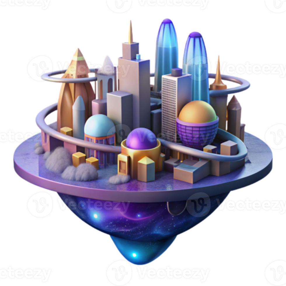 futurista paisagem urbana ilustração uma vibrante, flutuando metrópole acima a cosmos png