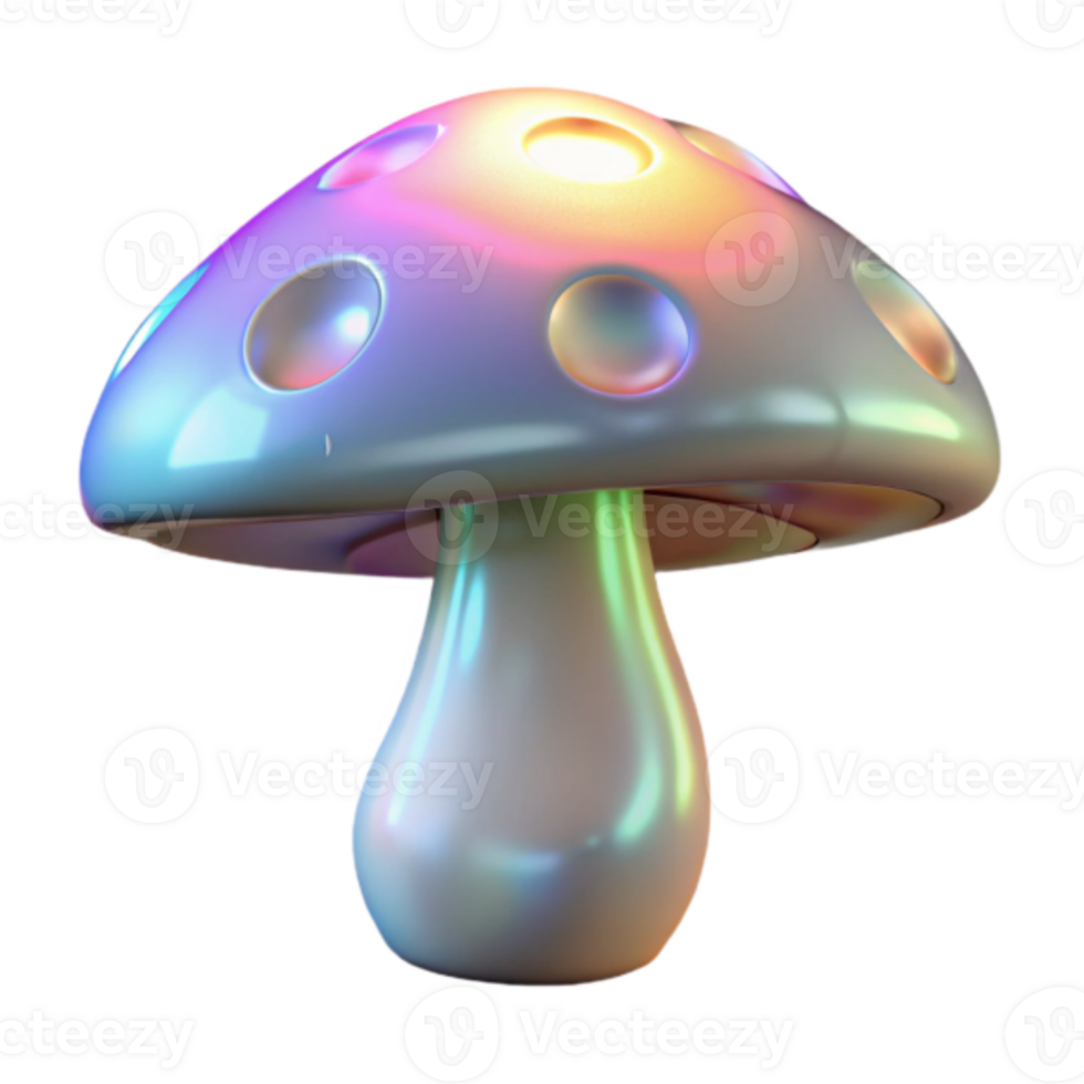 Iridescent Mushroom Illustration, Fantasy Fungi, Magical Glow, Psychedelic Cap, Pearl Sheen, Vibrant Colors, Smooth Surface, Cartoonish Style, Digital Art png