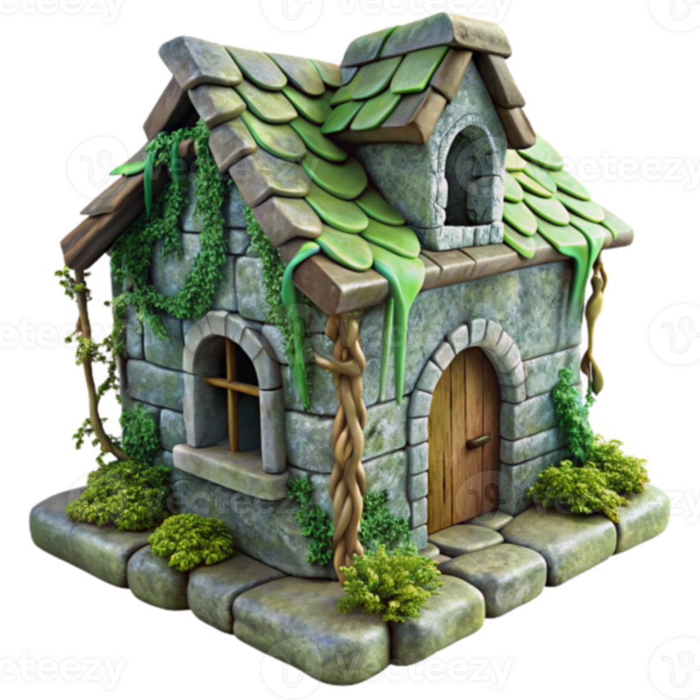 Enchanted Stone Cottage Render A Fantasy House Illustration with Ivy and Green Roof png