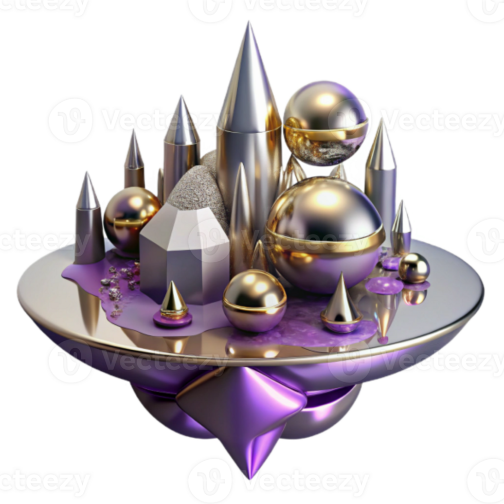Abstract Render of a Floating Island with Geometric Shapes and Metallic Textures png