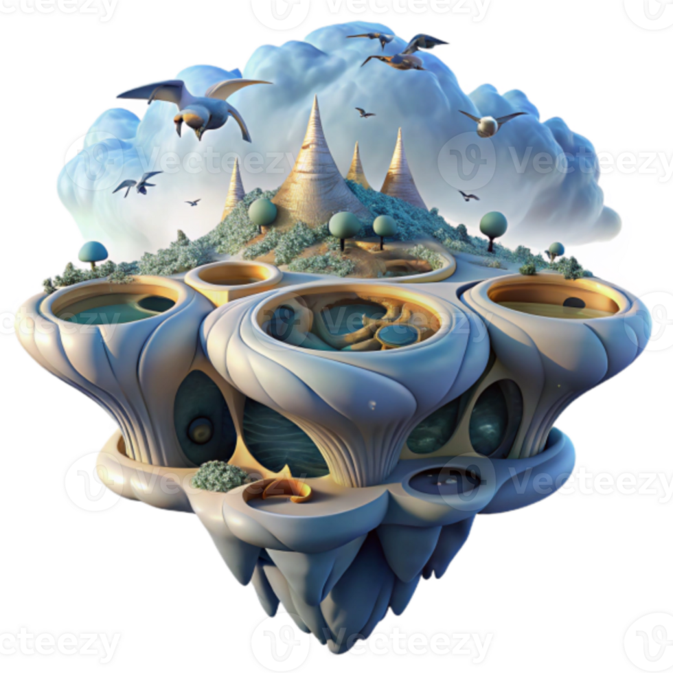 Enchanted Floating Island Render A Fantasy Architectural Landscape with Birds png