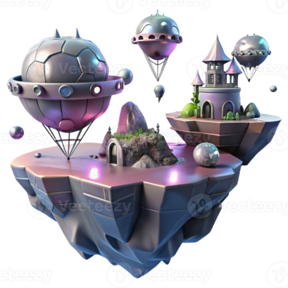 Fantasy Floating Island Render with Spaceships and Castle png