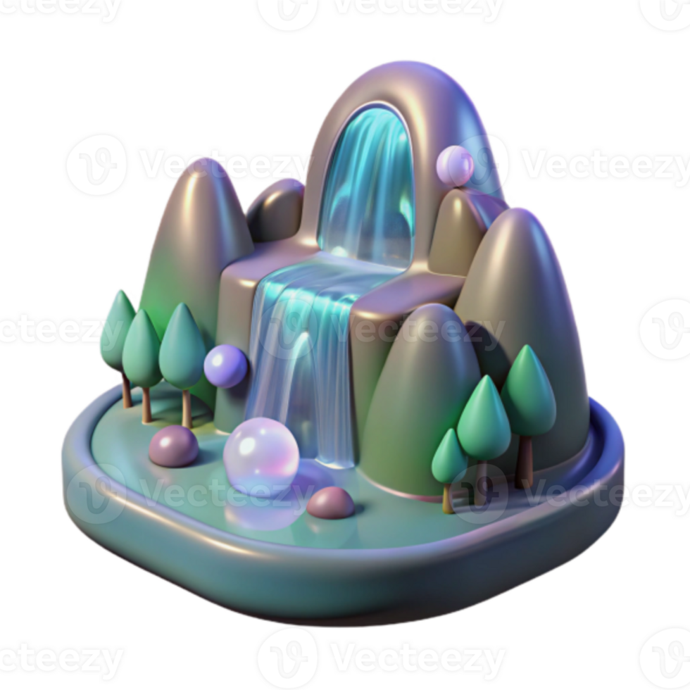 Enchanted Waterfall Render Stylized Mountain Landscape Illustration with Glowing Bubbles png