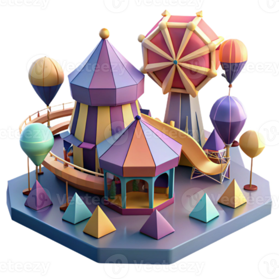 Whimsical Render of a Fairground Colorful Carousels, Hot Air Balloons, and Playful Geometry png