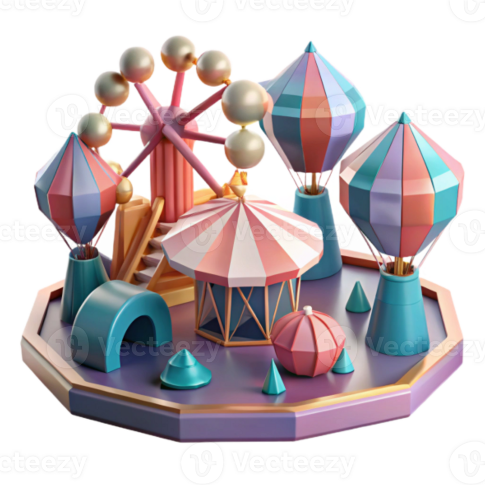 Whimsical Render of a Funfair Ferris Wheel, Hot Air Balloons, and Carousel png