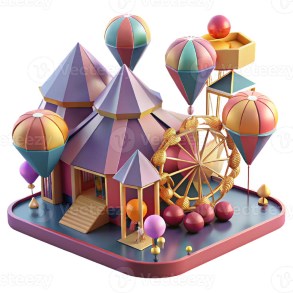 Whimsical Render of a Funfair with Ferris Wheel and Hot Air Balloons png
