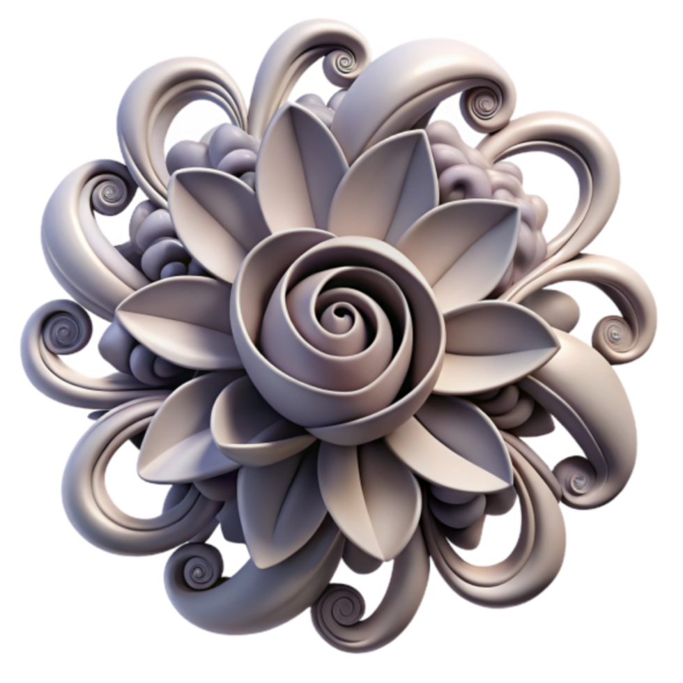 Render of Ornate Flower Design, Intricate Floral Swirls and Petals, Elegant Sculptural Rose, Decorative Model, Artistic Illustration, Whimsical Floral Ornament png