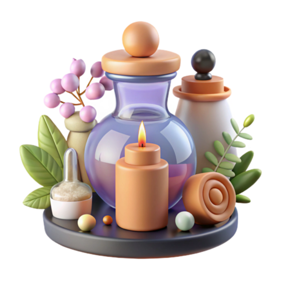 Serene Spa Still Life 3D Render Illustration Aromatic Candle, Herbs, and Glass Bottles png