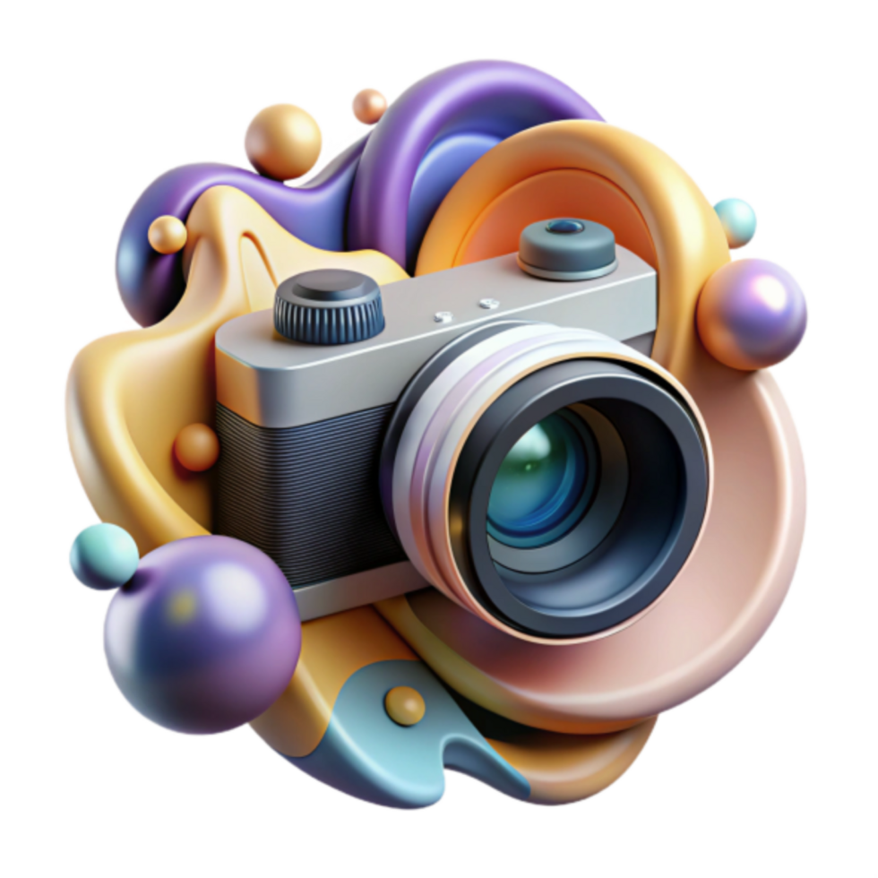 3D Render of a Vintage Camera in Abstract Colorful Shapes png