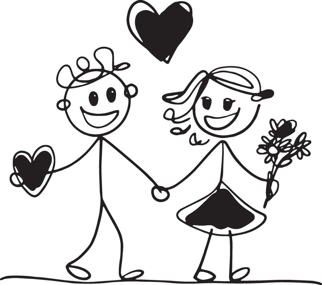 stick figure of a couple holding hands and holding a heart vector